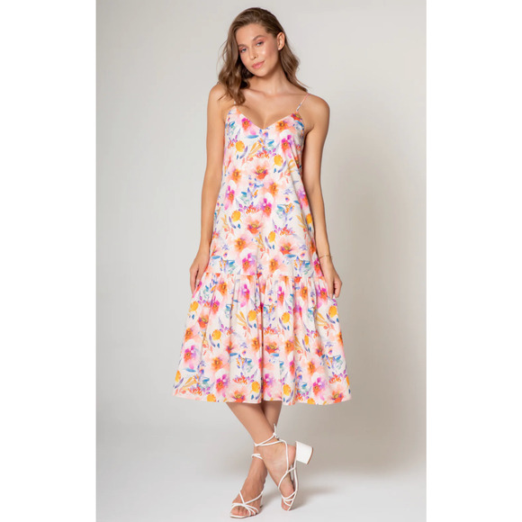 Lavender Brown Kai Midi Dress Floral Spaghetti Adjustable Strap Ruffle Hem Small - Picture 1 of 5